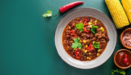 chili con carne with minced beef beans paprika corn cilantro and red peppers in tomato sauce tex mex cuisine green stone background top view