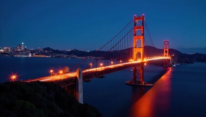 Fototapeta premium Golden Gate Bridge at night, blurred car lights streaming across, illumination, travel, abstract