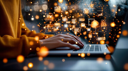 close up of person typing on laptop with digital icons floating around, creating modern and tech savvy atmosphere