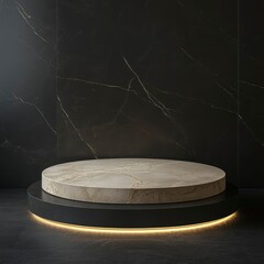 Elegant Marble Display Platform with Subtle Backlighting Against a Dark Marble Wall