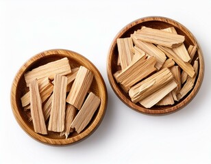 closeup of two piles of cedar or palo santo incense wood chips isolated over a white background top view flat lay