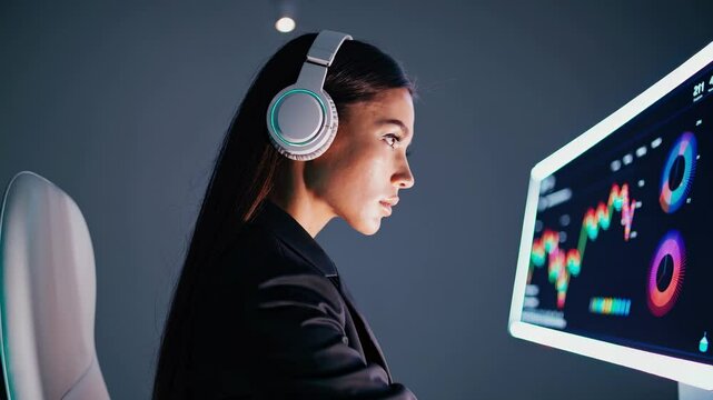 Successful businesswoman confidently interacting with data on large digital screen, exuding confidence and success in home office. Businesswoman in elegant headset integral part of successful company