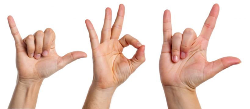 A series of three hands displaying different gestures, including a thumbs up and two other hand signs.