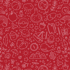Hand drawn vector seamless pattern of summer and holiday doodle elements. Beach and warm weather related sketch objects