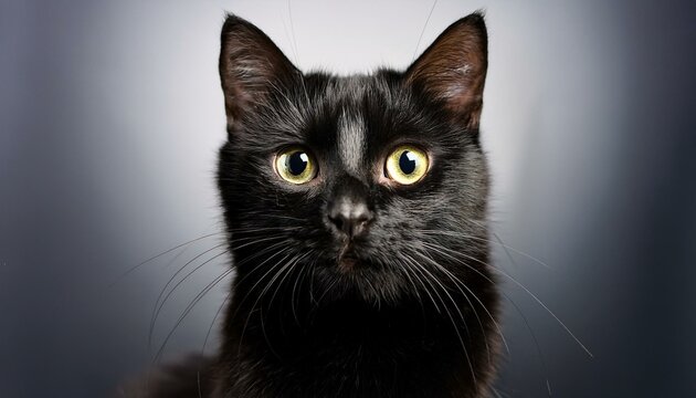 captivating close up portrait of a curious black feline with piercing eyes a striking image showcasing the alluring and watchful gaze of a domestic black cat