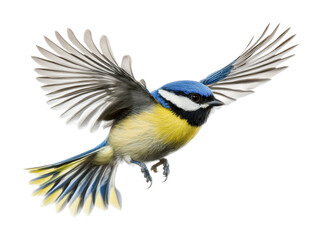 Naklejka premium Blue tit bird in mid-flight showcasing vibrant feathers in natural habitat with a clear blue sky background, cut out