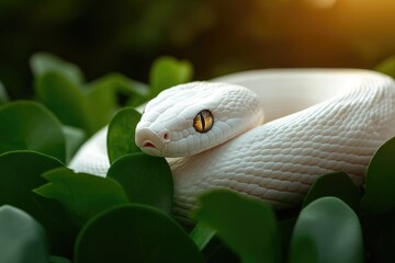 Fototapeta premium Majestic white snake resting among lush green leaves, golden eye