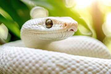 Fototapeta premium Elegant white snake blends seamlessly with lush greenery, showca