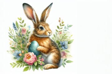 Obraz premium Ein wunderschöner Osterhase hält ein verziertes Osterei, umgeben von zarten Frühlingsblumen, mit viel Platz für Text – ein elegantes und festliches Motiv. Generative KI