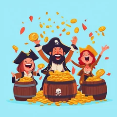 A joyful pirate crew celebrating a treasure trove of gold coins, surrounded by barrels and confetti in a colorful scene.