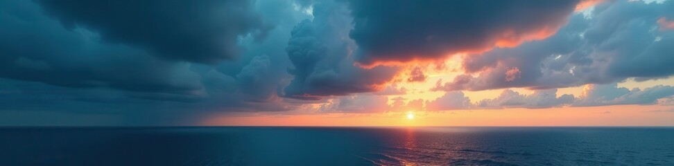 Fototapeta premium Heavy, dark clouds hang low, obscuring the distant ocean line , dark clouds, horizon line, cloudscape