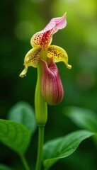 Immature Paphiopedilum callosum flower bud, lush foliage background, botanical, leaves, detail