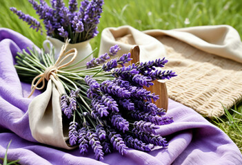 A bouquet of lavender on a blanket during a picnic in the wild