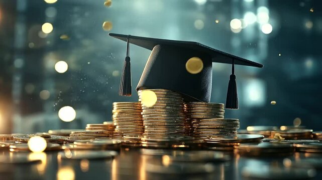 A powerful visual of a graduation cap on a stack of gleaming gold coins, illustrating the heavy financial burden of education, from tuition fees to student loans and bursary fundin