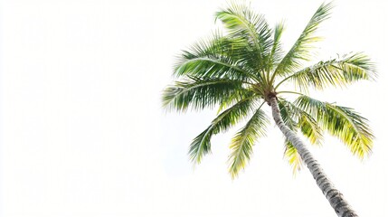 Lush Green Tropical Palm Tree Against a Bright White Sky Background