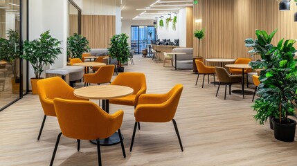 Modern Office Lounge: Contemporary Workspace Design with Stylish Orange Chairs and Lush Greenery