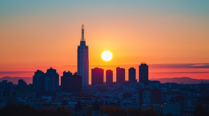 Obraz premium Stunning Sunrise Cityscape Urban Skyline Golden Hour Buildings