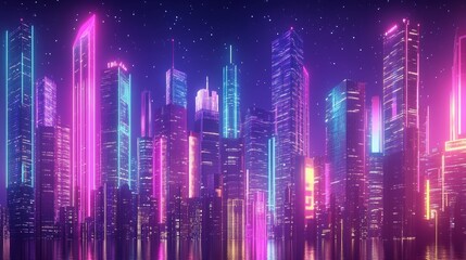 Naklejka premium Neon Cityscape with Futuristic Buildings Illuminated by Bright, Colorful Lights