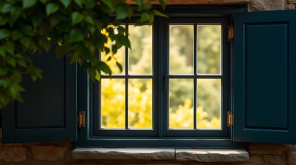 stock photo Rich burgundy and deep blue tones. A four-pane window, dark blue wooden frame, nestled in a stone wall. Green foliage partially obscures the window.