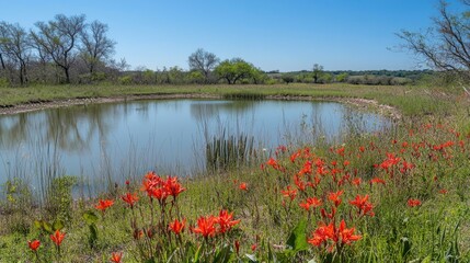 Obraz premium Scenic Wildflowers by a Tranquil Lake in Spring