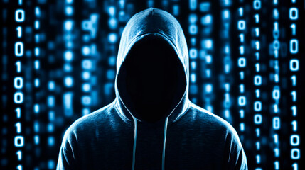 This depicts mysterious figure in hoodie against backdrop of binary code, evoking sense of intrigue and anonymity