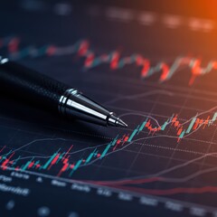The elegant pen reflects professionalism and business analytics against the background of financial charts