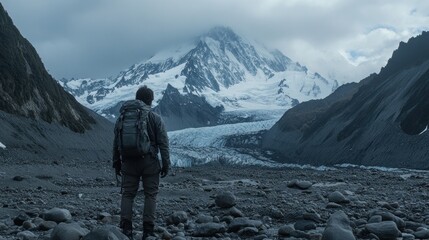 Fototapeta premium A lone hiker stands in awe before a majestic glacier-covered mountain, the serenity of the landscape amplified by the overcast sky, showcasing nature's raw beauty.