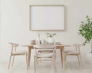 Minimalist dining room with wooden table. chairs. and a large blank frame on the wall
