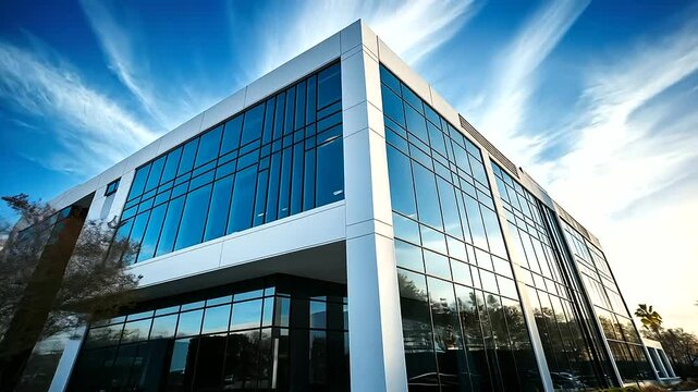 A sleek white commercial building with large glass windows stands in a bustling urban area, surrounded by neatly manicured landscaping.