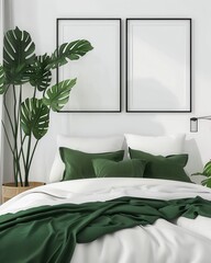Minimalist bedroom interior with white bedding. green throw blanket. and a large potted plant Two black framed posters hang above the bed