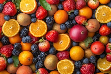 Obraz premium A vibrant and detailed assortment of fresh and rotting fruits, including citrus, berries, and exotic varieties