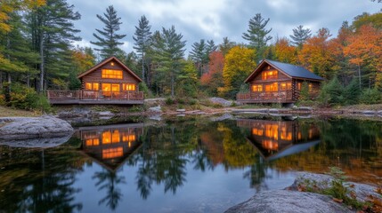 Obraz premium Serene Autumn Foliage at Rustic Cabins by the Water