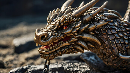 Ancient Dragon's Gaze: A meticulously crafted golden dragon sculpture, its intricate scales gleaming in the daylight, casts an intense look with its fiery eyes.