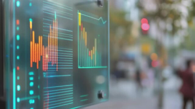 Futuristic transparent digital display showing changing stock market data and financial charts, with blurred pedestrians walking on a city street in the background