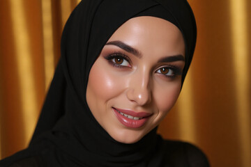 Naklejka premium A Close-Up Portrait of a Saudi Muslim Woman in Black Abaya in Gold-Themed Home