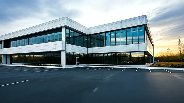 A contemporary research facility with a sleek white finish, large panoramic windows, and an empty parking lot in front.