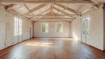 Sunlit empty room with exposed beams, white brick walls, hardwood floors, and large windows.