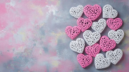 Romantic Pink and White Lacy Hearts on Textured Background