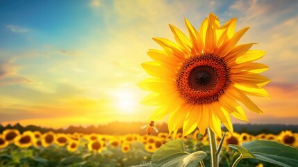 Fototapeta premium Stunning Sunflower with Bees in a Sunny Field