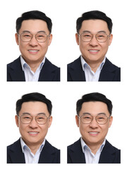 Photo of man for passport or other document on white background, set