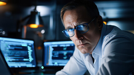 Cybersecurity expert focused on coding in dark office environment, showcasing concentration and expertise