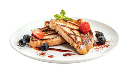 Delicious French toast topped with fresh berries and mint served on a white plate for a gourmet breakfast experience, cut out