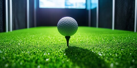 Immersive golfing experience with a ball on a tee in a virtual environment.