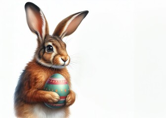 Obraz premium Ein realistischer Osterhase hält ein verziertes Osterei vor einem schlichten Hintergrund mit viel Platz für Text – ideal für Grußkarten oder Banner. Generative KI