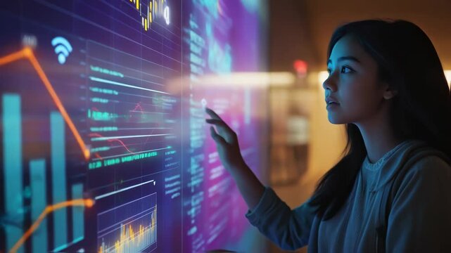 Enthusiastic young woman interacts with large interactive touchscreen, exploring data visualizations, charts, and graphs in modern technological environment