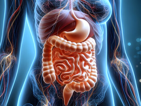 3d rendered illustration of a human body. Human digestive system. Digestive anatomy