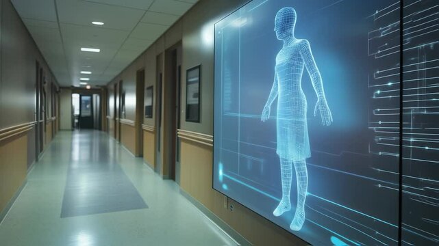 A hallway scene with a digital projection of a holographic assistant pointing the way to different hospital zones while providing additional information about waiting times and facility