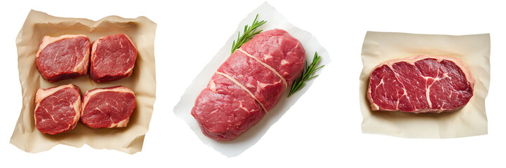 Fresh cuts of beef displayed on parchment, perfect for culinary presentations.