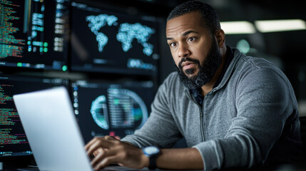 Obraz premium cybersecurity expert focused on coding at laptop in tech environment