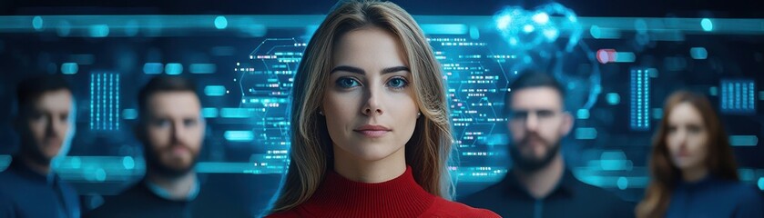 A diverse programmer team standing in front of a digital screen displaying data visualization